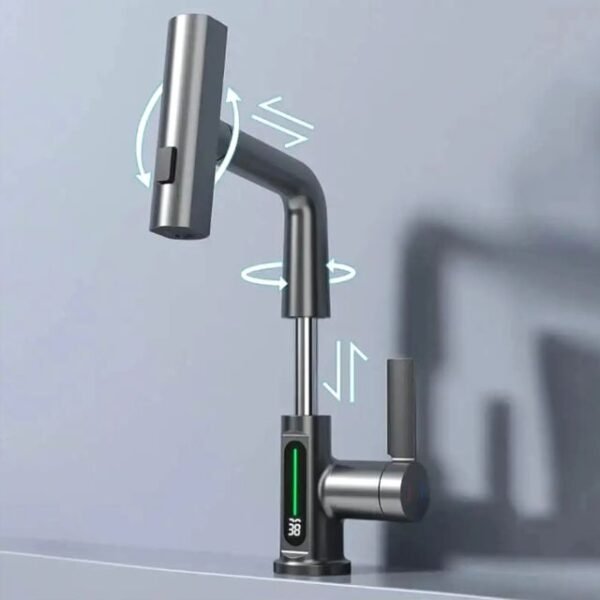 Pull out kitchen faucet with 360-degree rotation and adjustable height.