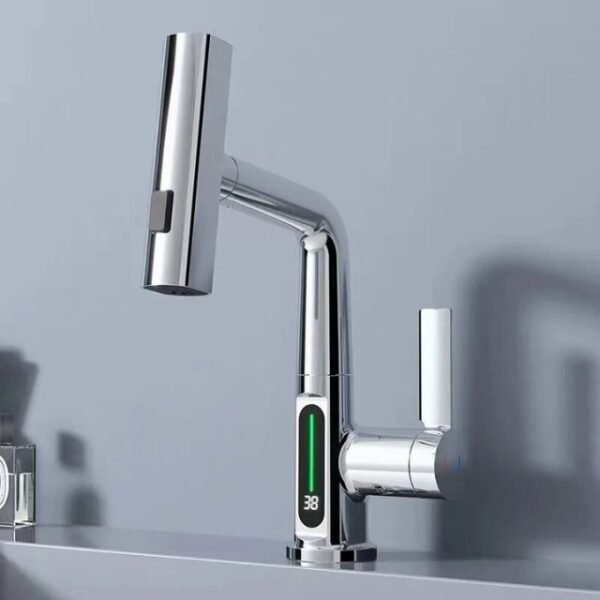 Pull out kitchen faucet with temperature display in chrome finish.