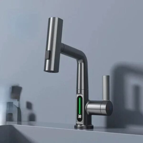 Dark grey pull out kitchen faucet with digital temperature reader.