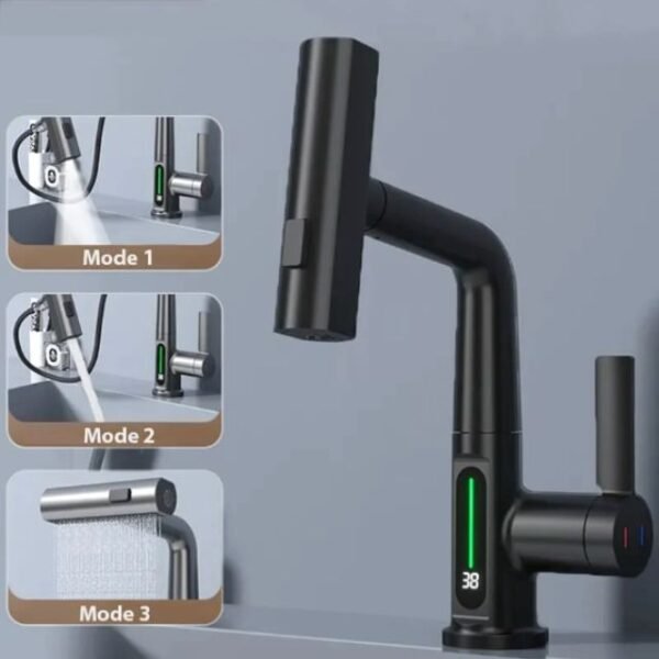 Pull out kitchen faucet with three spray modes: wide, focused, and rainfall.