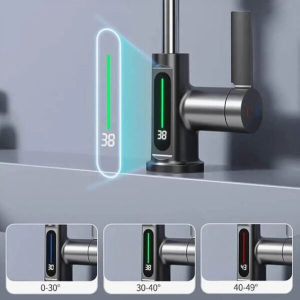 Pull out kitchen faucet with digital temperature display showing accurate readings.