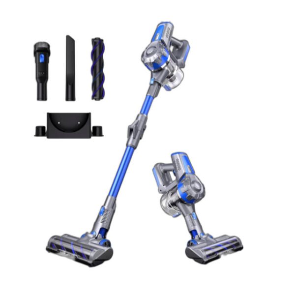 Rechargeable vacuum cleaner with brush and nozzle attachments in gray and blue.