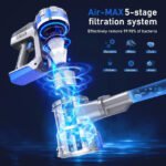 Rechargeable vacuum cleaner with 5-stage filtration for removing bacteria and dust.