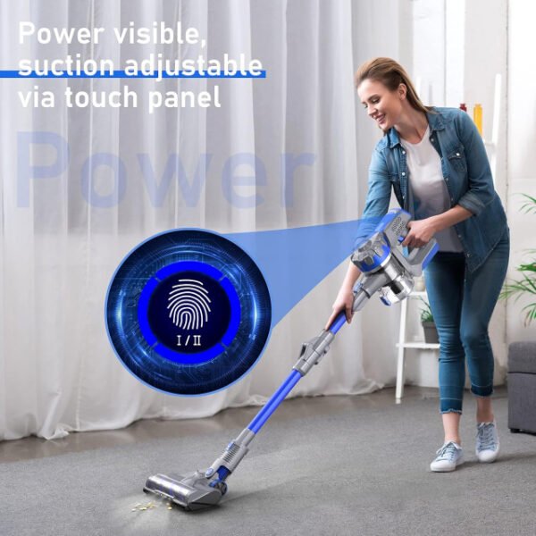 Rechargeable vacuum cleaner with LCD touch screen displaying suction power.