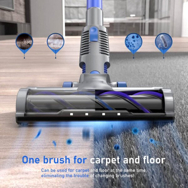 Rechargeable vacuum cleaner cleaning carpets and hard floors.