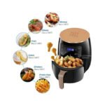 Silvercrest air fryer displaying pre-programmed options for cooking fish, shrimp, steak, and chicken.