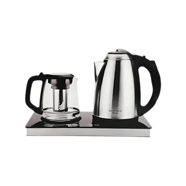 Silvercrest digital kettle beside glass teapot on kitchen counter.