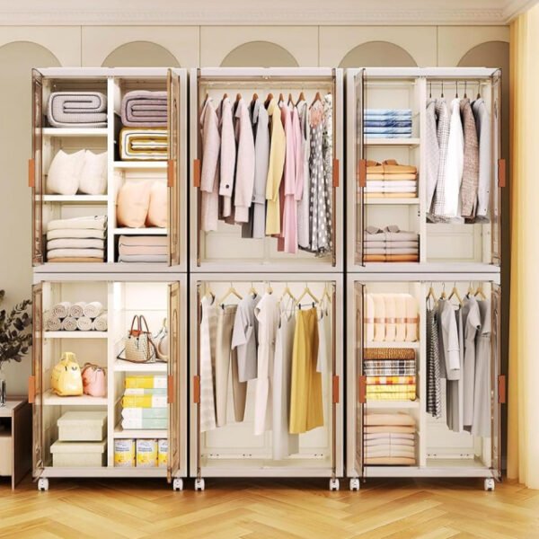 Foldable wardrobe with hanging section and shelves, 5 kg capacity.