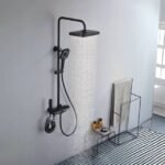 Thermostatic shower mixer in black matte with powerful water flow.