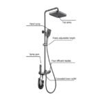 Thermostatic shower mixer with top spray head, hand spray, adjustable height, and concealed outlet.