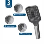 Thermostatic shower mixer with three spraying settings: waterfall mist, rainfall, and power massager.