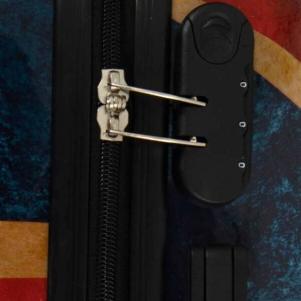 Close-up of Union Jack suitcase zipper and integrated lock.