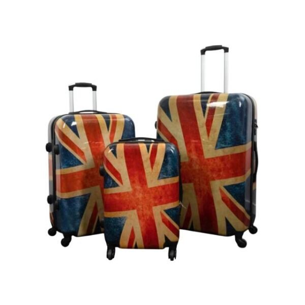 Vintage Union Jack suitcase set with 3 pieces and wheels.