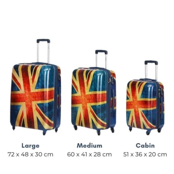 Union Jack suitcase set showcasing large, medium, and cabin sizes.