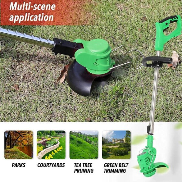 Versatile cordless grass cutter used in home, park, and courtyard settings.