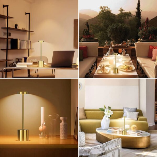 Versatile table lamp shown in multiple settings including home, bar, restaurant, and camping.