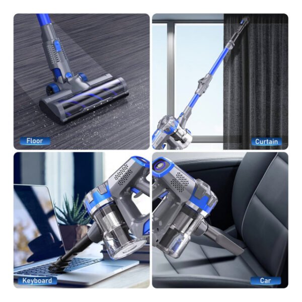 Rechargeable vacuum cleaner with multiple functions for floors, curtains, and cars.