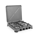 4-burner gas stove in dark grey with stainless burners and heat-adjustment knobs.