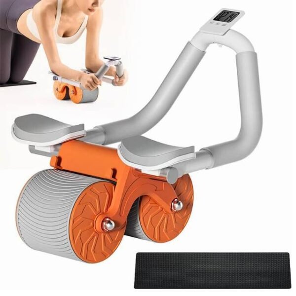 Automatic ab roller with mat for home core training, padded handles, and double wheel design.