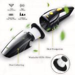 Portable vacuum cleaner highlighting low noise and washable filter features.
