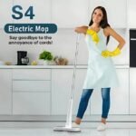 Woman using cordless spin mop for quick and hassle-free cleaning.