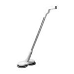 Slim white cordless spin mop with 2 washable pads for floor cleaning.