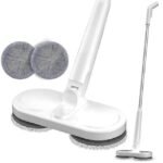 Cordless spin mop with 2 washable pads for effortless floor cleaning.
