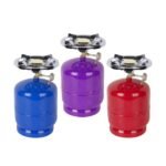 Cylinder gas stove with stainless burner in blue, purple, and red for outdoor cooking.