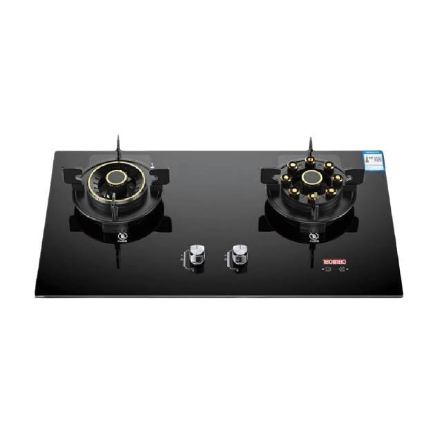 Digital gas stove in black with two burners and temperature control knobs.