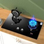 Digital gas stove with one burner lit showing powerful performance.