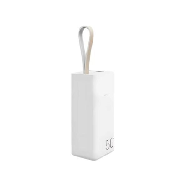 Gerlax power bank in white showcasing its dual output chargers and flashlight.