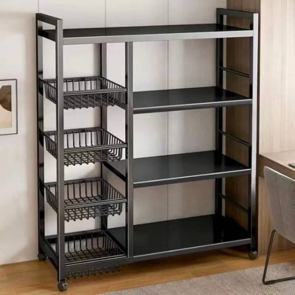 Mobile storage trolley with 4 adjustable shelves and sleek black iron design.