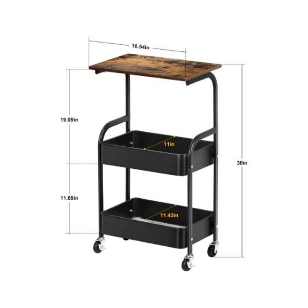 Compact black rolling cart measuring 44 x 30 x 77 cm, ideal for decluttering small spaces.