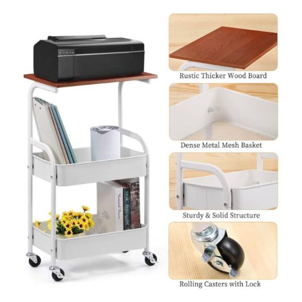 White rolling trolley with rustic wood top and metal mesh shelves for versatile storage.