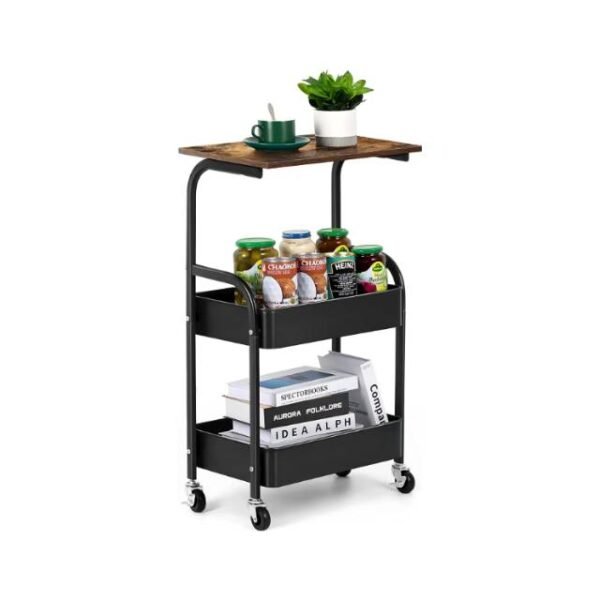 Black storage trolley designed for use in kitchens, bedrooms, and offices.