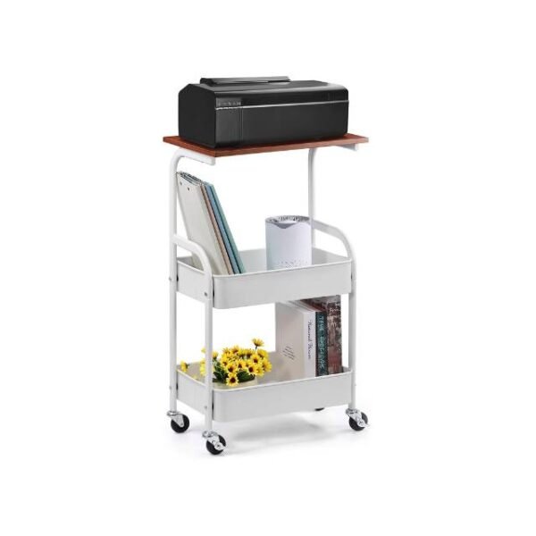 White storage trolley with printer, books, and decor on white background.