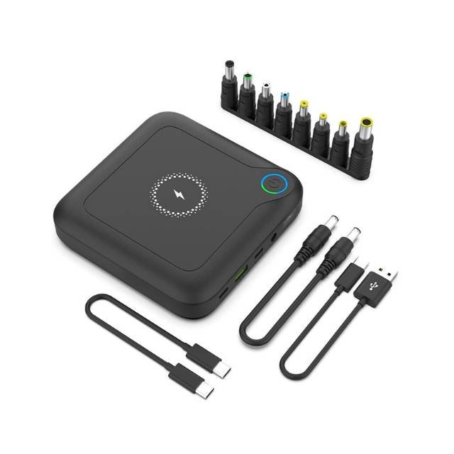 Laptop power bank with connectors for wide compatibility.