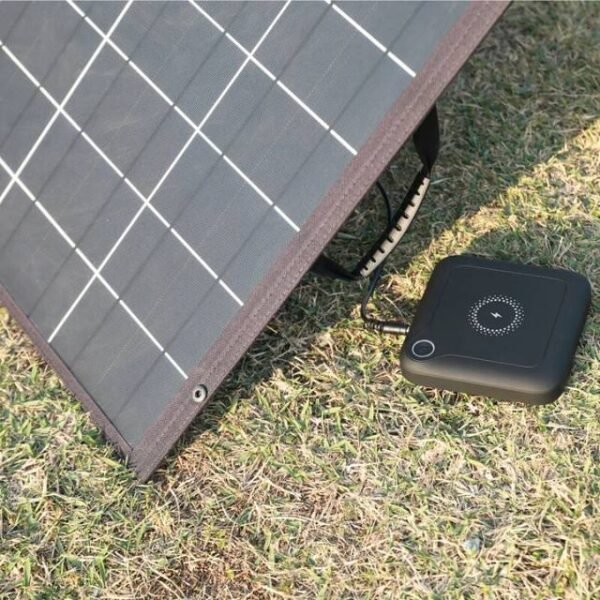 Laptop power bank compatible with solar panels for camping.