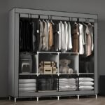 Large storage wardrobe in stylish grey with steel poles and plastic connectors.