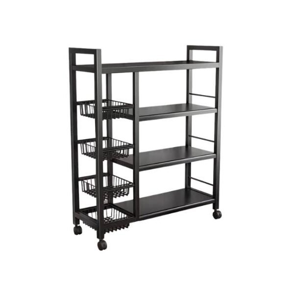 Mobile storage trolley with durable black iron frame and 360-degree movable wheels.