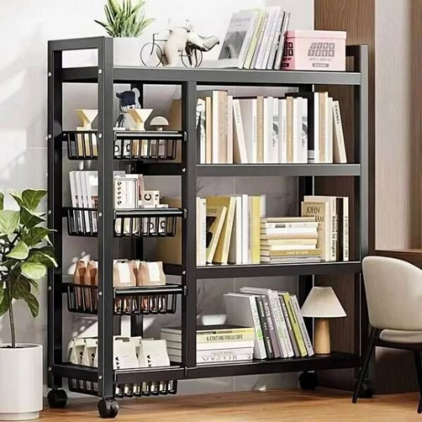 Mobile storage trolley in living room holding books and decor items for organizing.