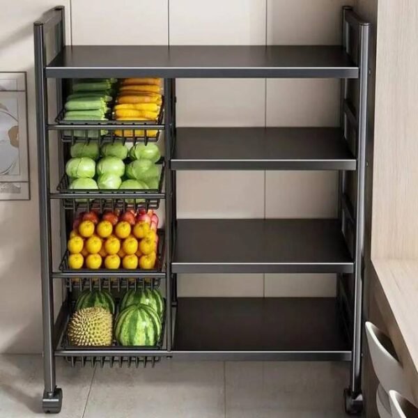 Heavy-duty iron mobile storage trolley with adjustable wired baskets for fruits and vegetables.