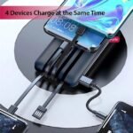 Charge four devices simultaneously with multifunctional power bank.