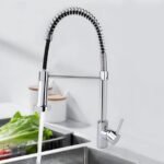 Chrome pull-out kitchen mixer for washing dishes, cleaning food, and sink.Elevate your kitchen with this sleek chrome pull-out mixer, perfect for daily kitchen tasks.