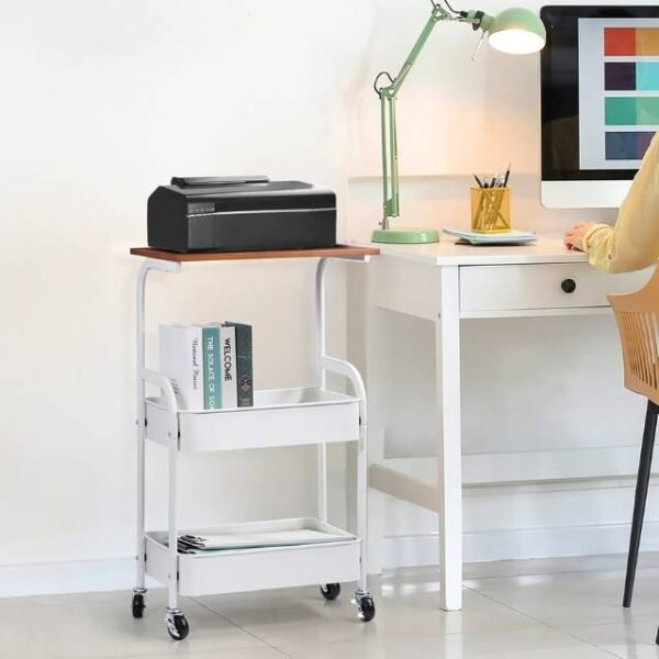 White storage trolley holding a printer and books in a neat study setup.