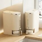 UFORU rice dispenser with 10 kg capacity and sleek beige finish.