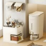 UFORU rice dispenser in modern beige design for easy grain storage.