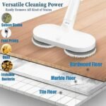 Versatile cordless spin mop with 2 pads for tile, marble, and hardwood cleaning.