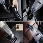 Portable vacuum cleaner showcased in various cleaning scenarios.