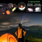 Waterproof headlamp showing Q5 bright and COB bright light modes.